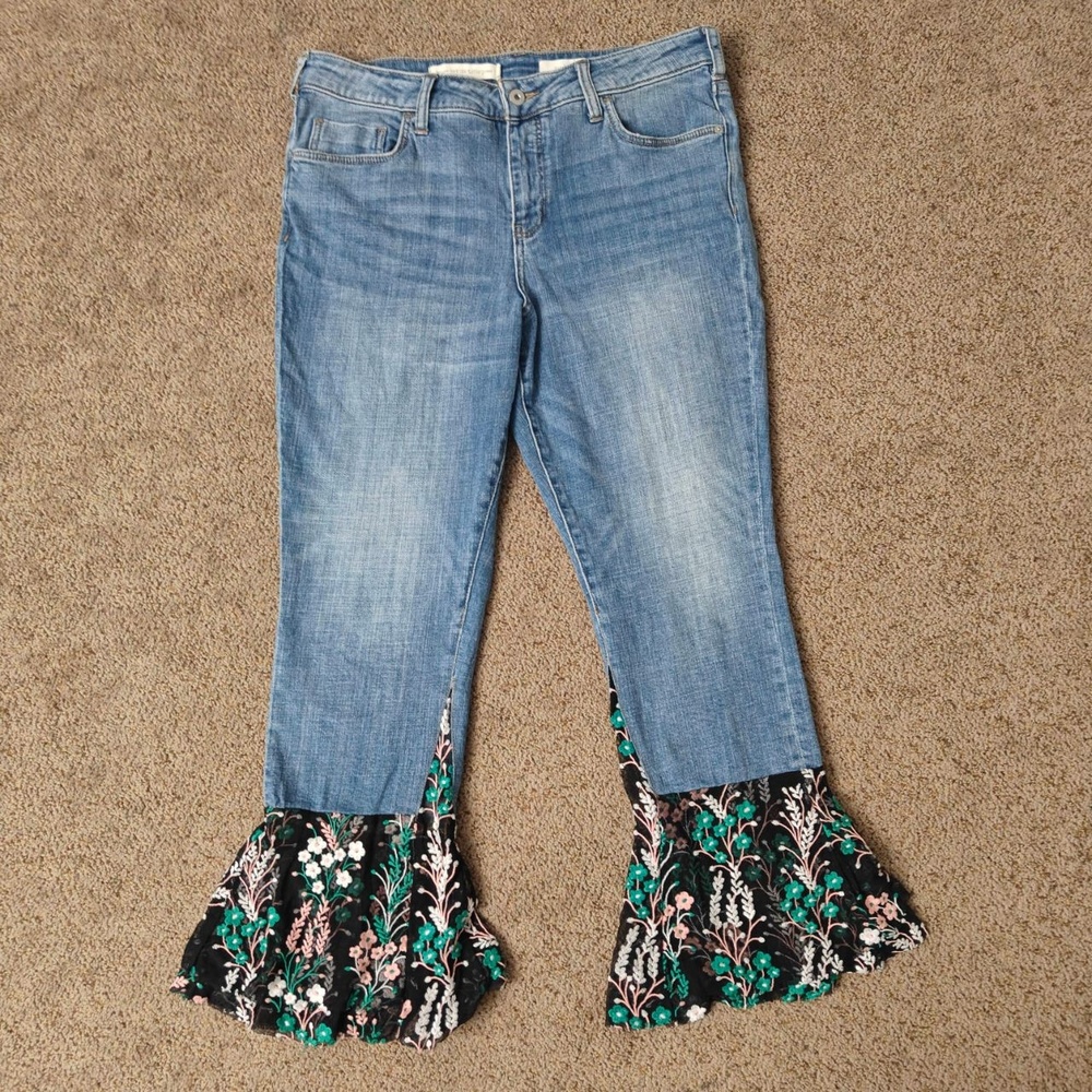 Pilcro And The Letterpress Pants Womens 31 Blue Flare Floral‎ Embroidered Unique - Picture 8 of 14